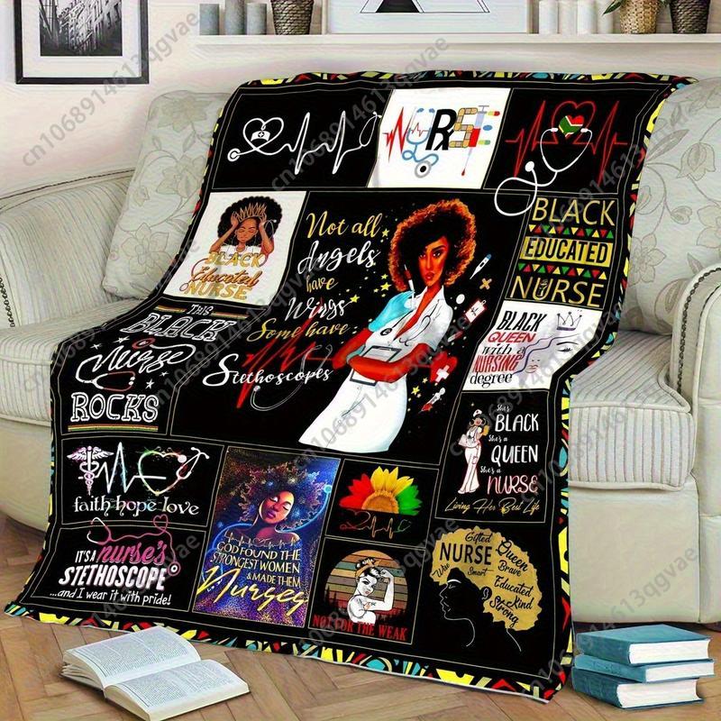 Nurse Life Theme Machine Reversible Nurse Theme Blanket Black Educated Washable Polyester Knit Vibrant Digit