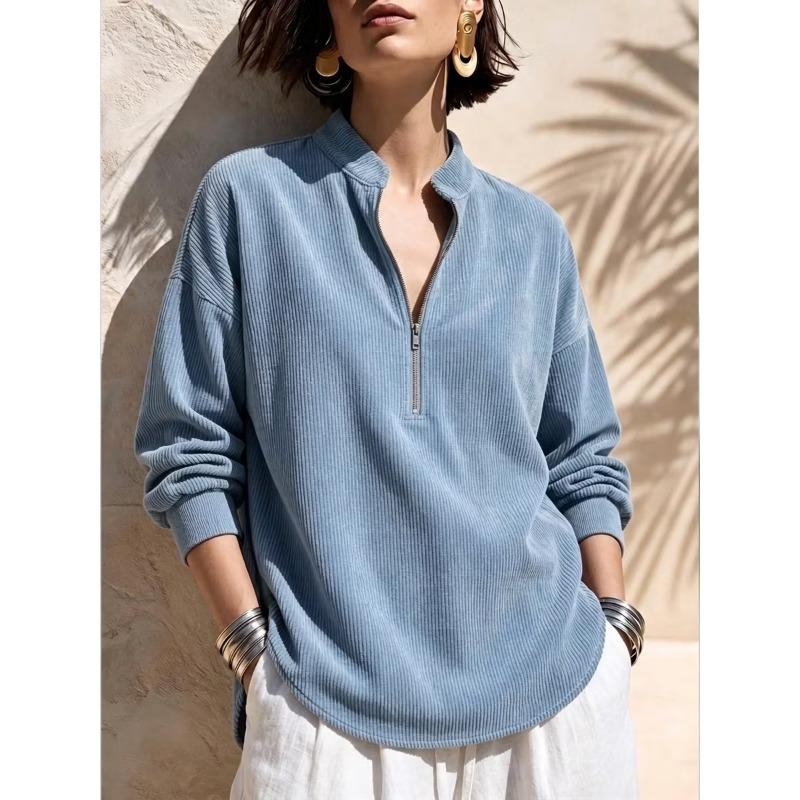 Women S Solid Stand Collar Long Sleeve Loose Corduroy Top
