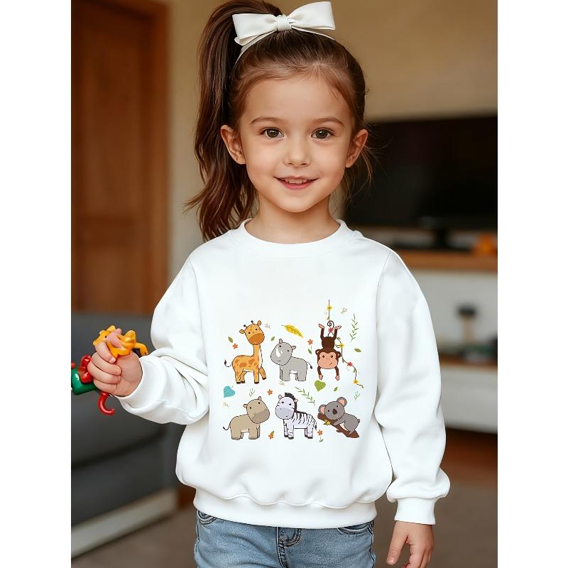 Kids Crewneck Long Sleeve Sweatshirt, Cute Giraffe Hippo Monkey Koala Animal Graphic Print 110 белый