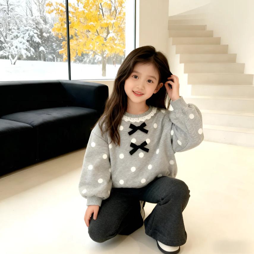 Korean Girls' Autumn Lace Bowknot Hoodie and Flare Pants Set, 2025 New Style