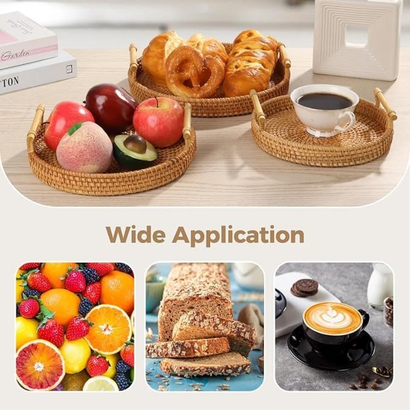 1PC Rattan Strap Handle Storage Basket Bread Snack Fruit Handwoven Tray Outdoor Coffee Afternoon Tea Picnic Kitchen Household