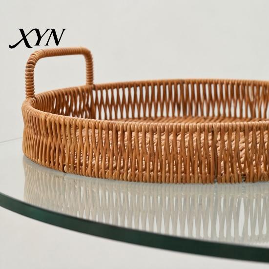 Mold Resistant Bread Tray Imitation Rattan Fruit Basket, Round Tray, Steamed Decorative Woven Basket Food Storage Eco-Friendly Kitchen Organizer,