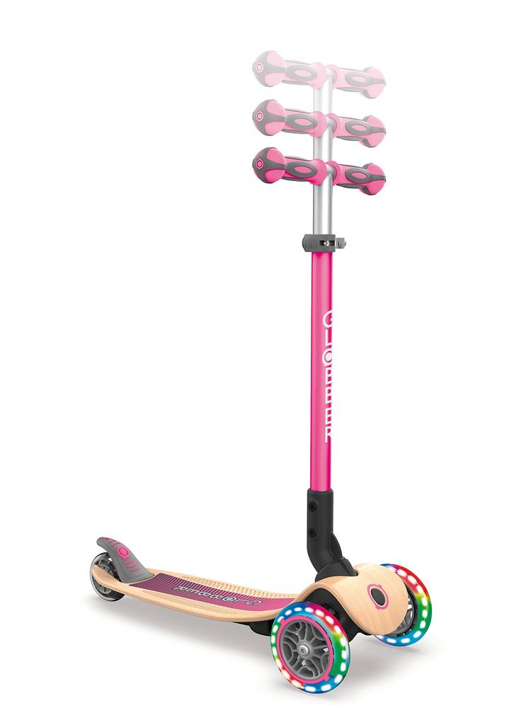 GLOBBER Kickboard Flash Light 3 Wheels Wood Deck Foot Brake Outdoor Play Kids Vehicle Kick Scooter Navy Pink WLGB436110 Primo/Foldable/Wood/Light