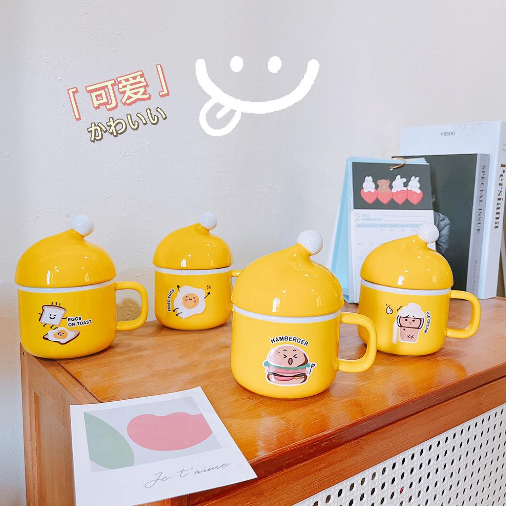 Mug Breakfast Cute Creative Hamburger Ceramic Cup with Lid Toast Fried Egg Cartoon High Value Gift