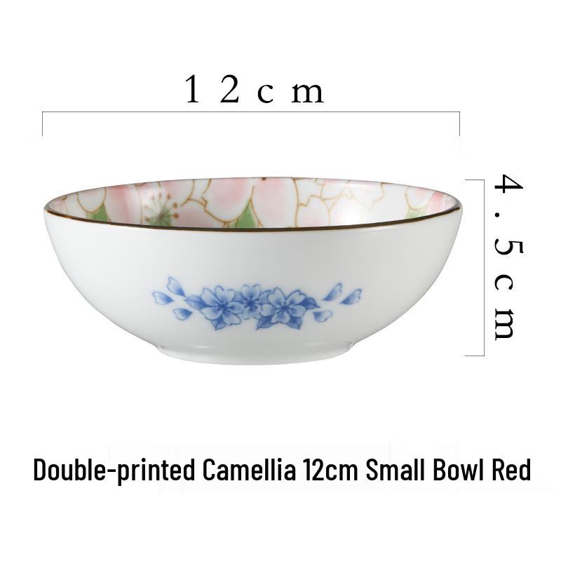 Yugu Kiln Japanese Ceramic Small Bowl - Red Camellia Print