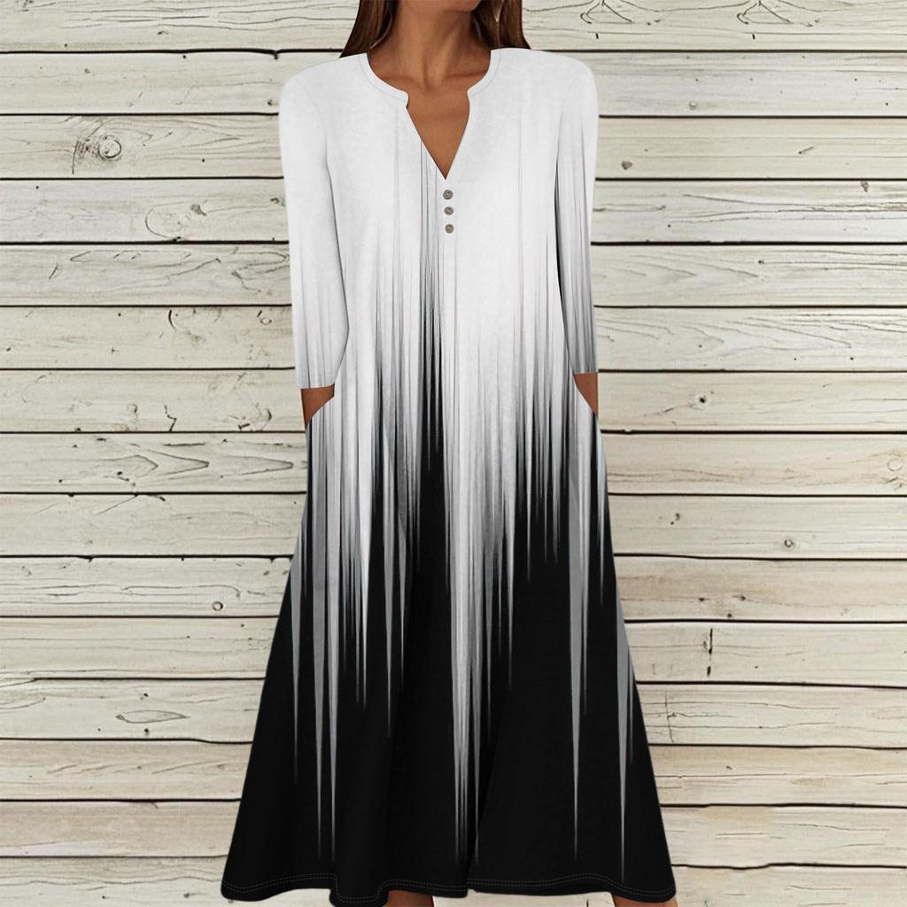 Damen Sommer Freizeit V-Ausschnitt Knopf Retro Geometrischer Druck Dreiviertelarm Langes Kleid mit Taschen