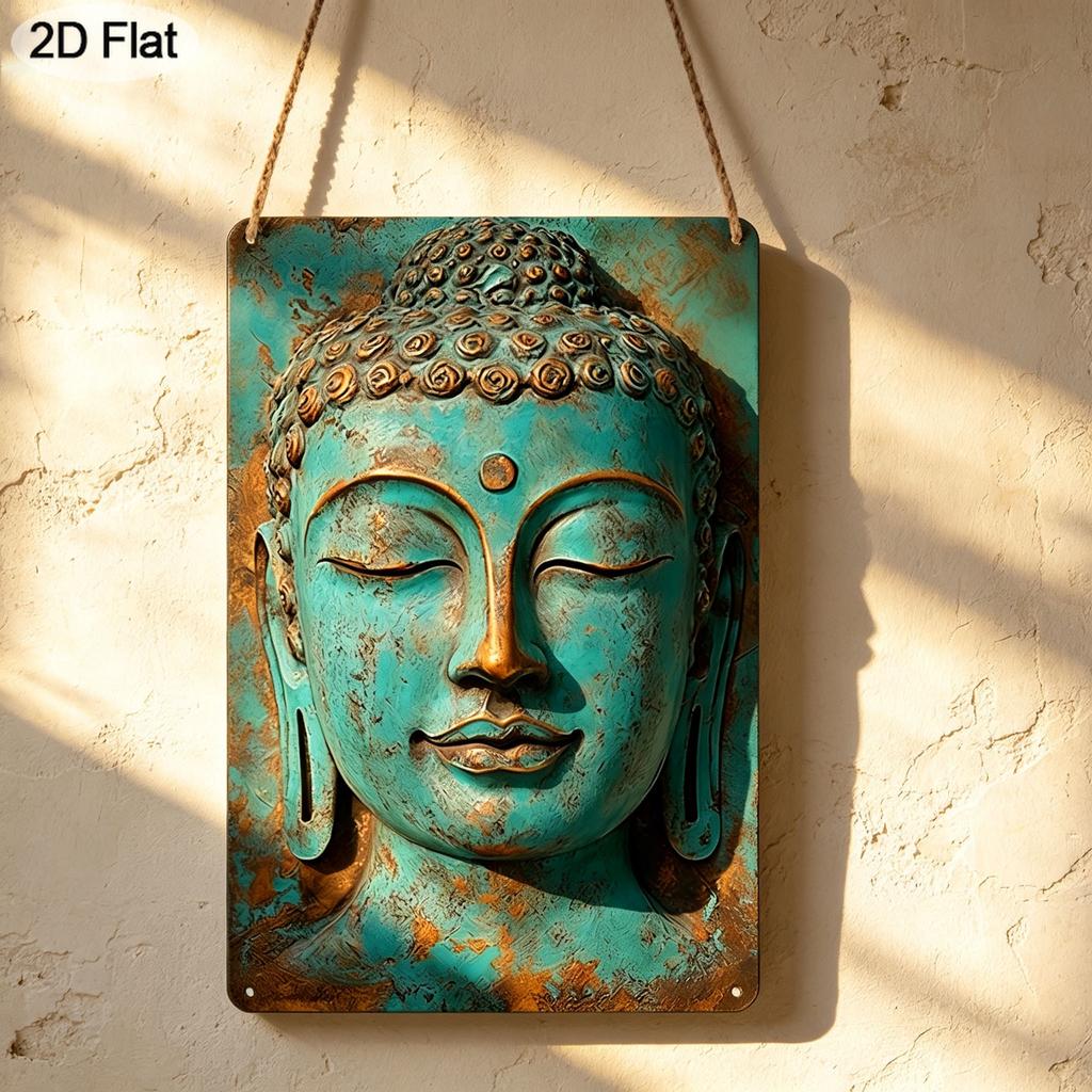 2D Flat 1pc Vintage Buddha Statue Aluminum Metal Sign with Pre-Drilled Holes, Wall Art Decor for Home, Club, Cafe, Fun Hanging Picture, 8x12 Inches