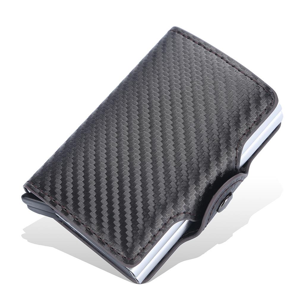 

RFID automatic elastic card without LOGO Men s short card bag Double-layer carbon fiber anti-theft swipe card clip Magnetic buckle card cover one size темно-коричневого кольору