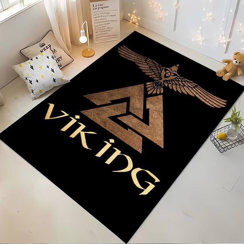 Black Viking Carpet with Nordic Rune Symbols and Eagle Design Suitable for use as an anti-slip for living room bedroom sofas
