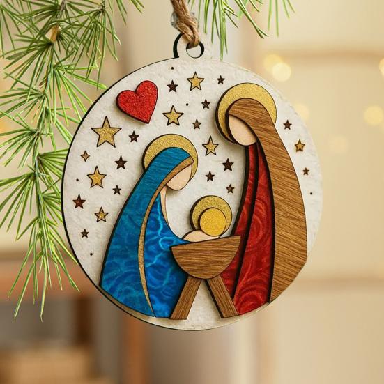Nativity Scene Wooden Ornament Handcrafted Jesus Birth Scene for Christmas Tree Decor 3.25 Inch