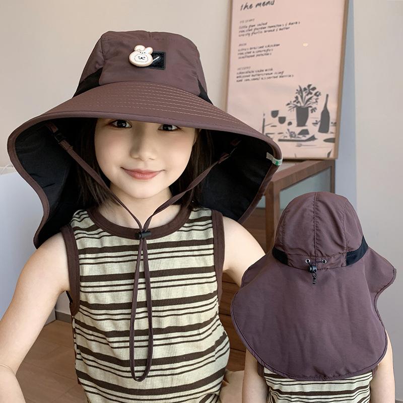 

Spring Summer Hats For Girls Boys Sun Hat With Shawl Large Brim Bucket Hat Kids Sunscreen Outdoor Travel Korean Style Sunhat New 49-54cm кавовий