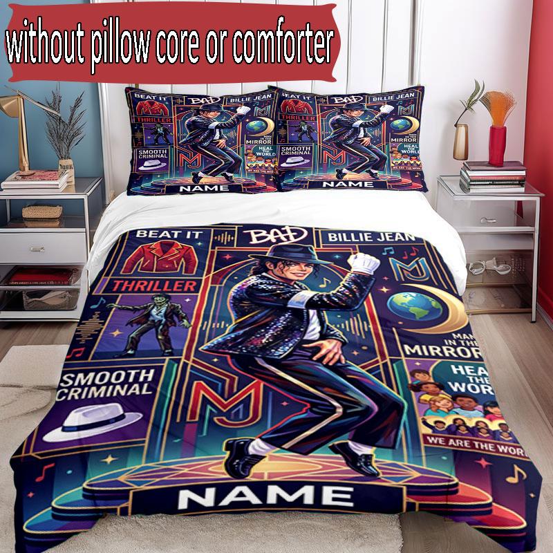 3pcs Duvet Cover Set (1*Duvet Cover + 2*Pillowcase, Without Core), Custom Name Michael Jackson Pattern Bedding Set, Home Bedroom Decor Gift