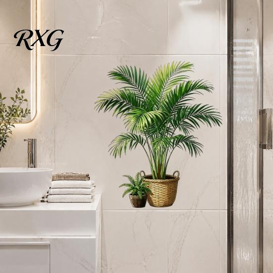 Bathroom Window Privacy Clings Green Plant Wall Stickers, Tropical Monstera Areca Palm Decals, Waterproof Glass Door Decorative Films PVC Leaf Art for