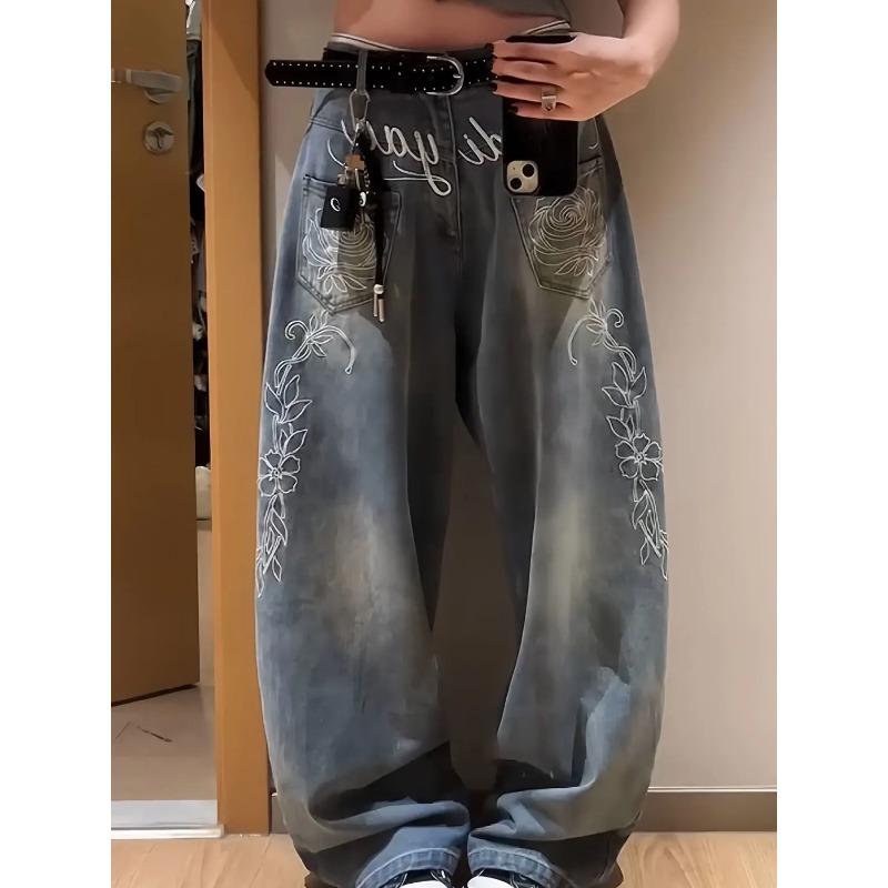 Retro Distressed Jeans Women's Autumn Street Personalized Flower Embroidery Wide Leg Long Pants