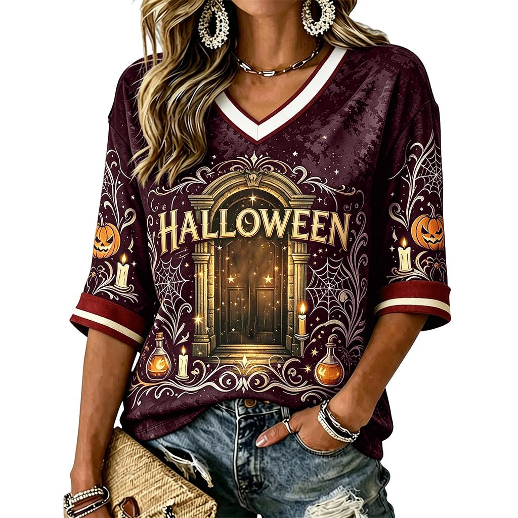 Women's Casual Halloween Print V-Neck T-Shirt