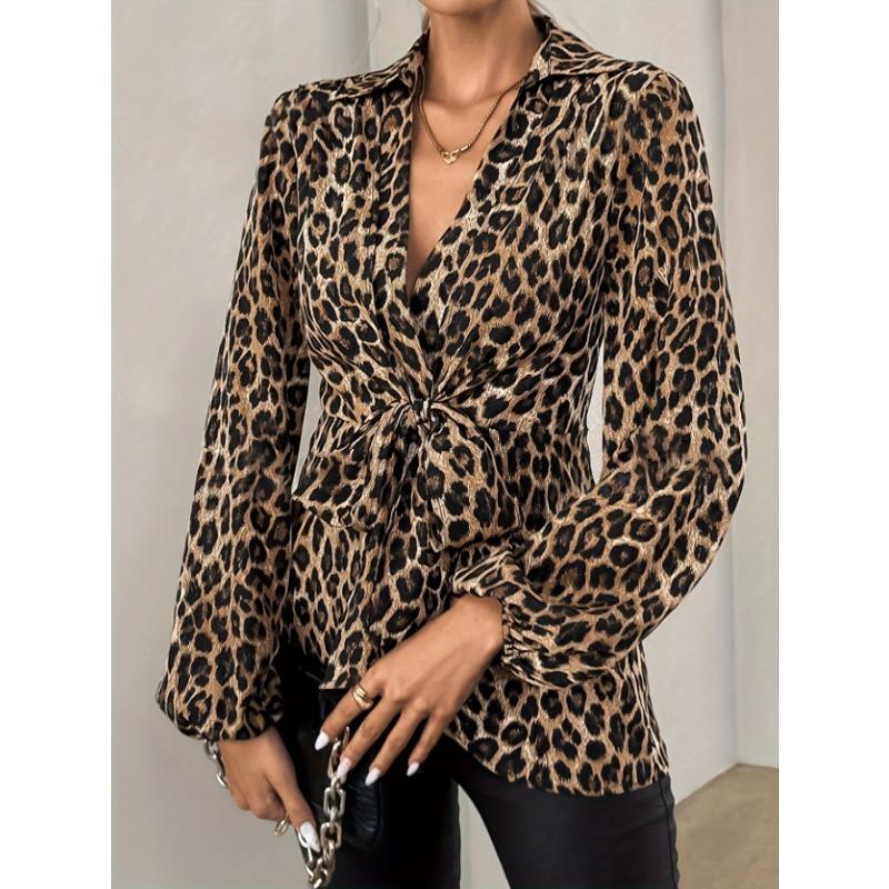 V Neck Long Sleeve Leopard Print Shirt For Women