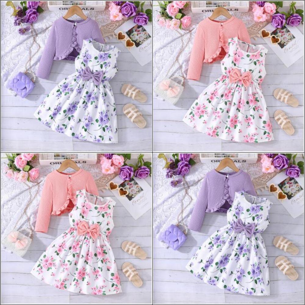Set per Bambini 2-12 Anni Abbigliamento per Bambini Modelli Primavera e Autunno Vestito Colorato con Scollo all'Americana + Giacca Casual alla Moda per Bambini Completo