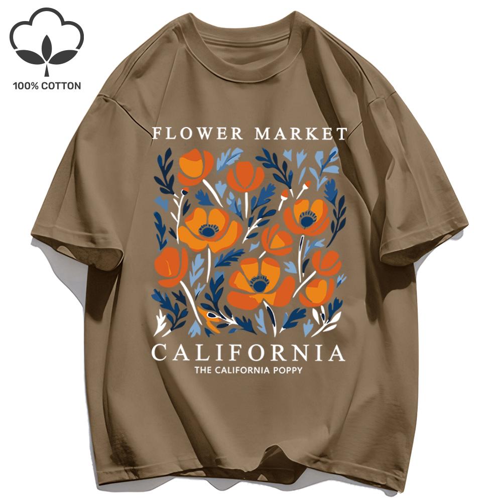Yellow Flowers Market California Print T-Shirt Woman Soft Cotton Tee Top O-Neck Casual T Shirt Crewneck Sports Short Sleeve