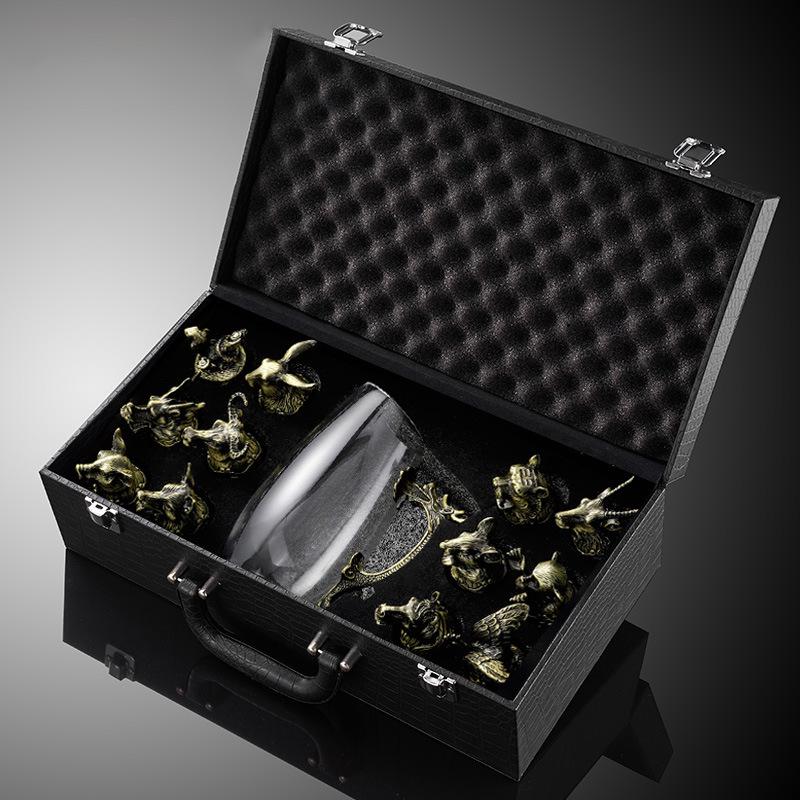 Chinese Zodiac Retro Wine Glass Set In Leather Case - Small White Glasses Gift Set