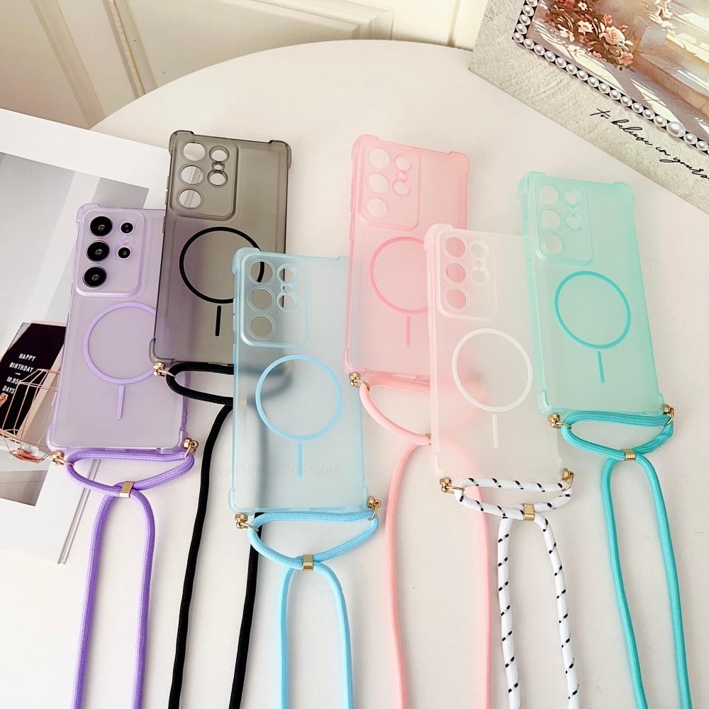 Cienkie, odporne na wstrząsy, miękkie, przezroczyste etui TPU dla Samsung S25 S24 Ultra z paskiem na ramię Do Magsafe Pokrowiec dla S25 Plus S23 S22 Ultra