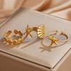 3Pcs/Set Stainless Steel Starfish Shell Rings Set For Women Vintage Gold Open Adjustable Ring Summer Beach Jewelry Gifts
