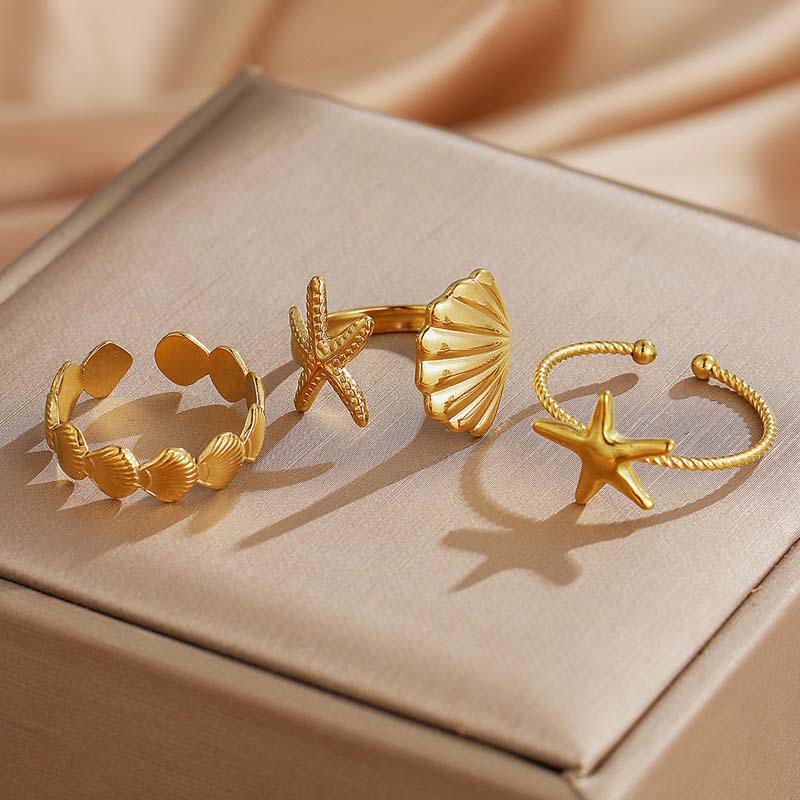 3Pcs/Set Stainless Steel Starfish Shell Rings Set For Women Vintage Gold Open Adjustable Ring Summer Beach Jewelry Gifts