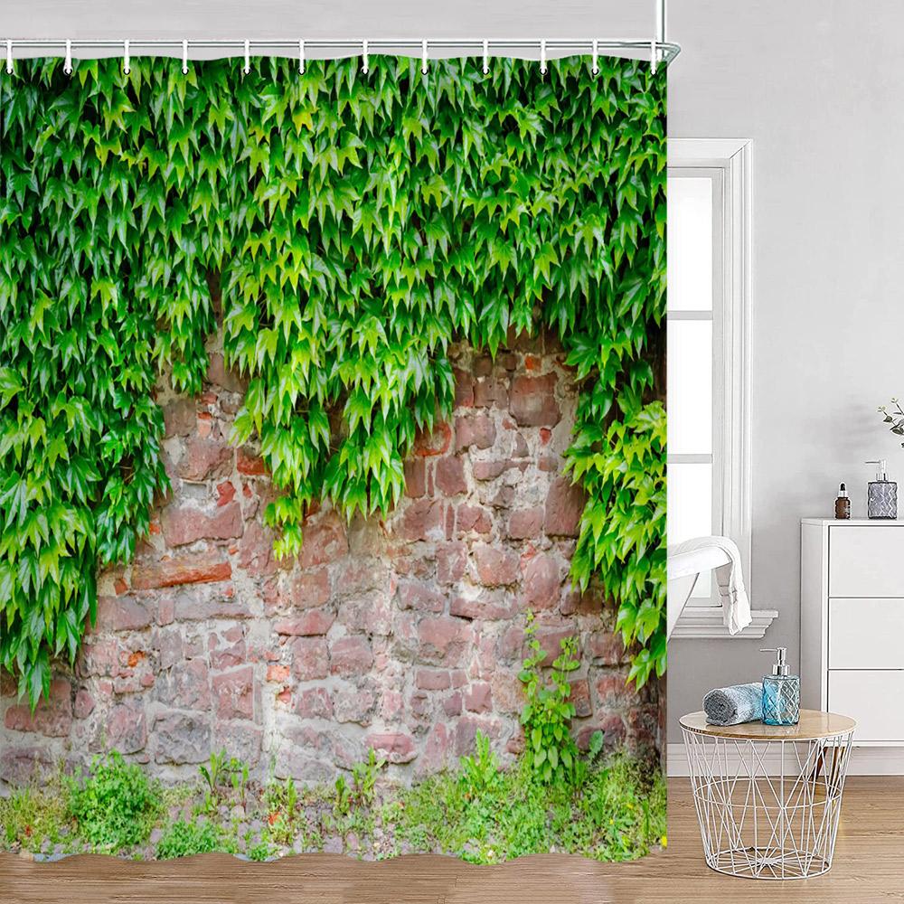 Green Vines Wall Shower Curtains Green Plants Greenery Bathroom Decorations Vintage Landscape Polyester Bath Curtains With Hooks