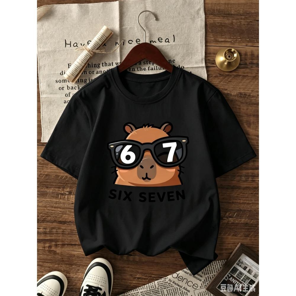 T-shirt Graphique Capybara Dessin Animé pour Enfants Impression Chiffre 6 7 Style Cool T-shirt d'Été Streetwear pour Filles Garçons
