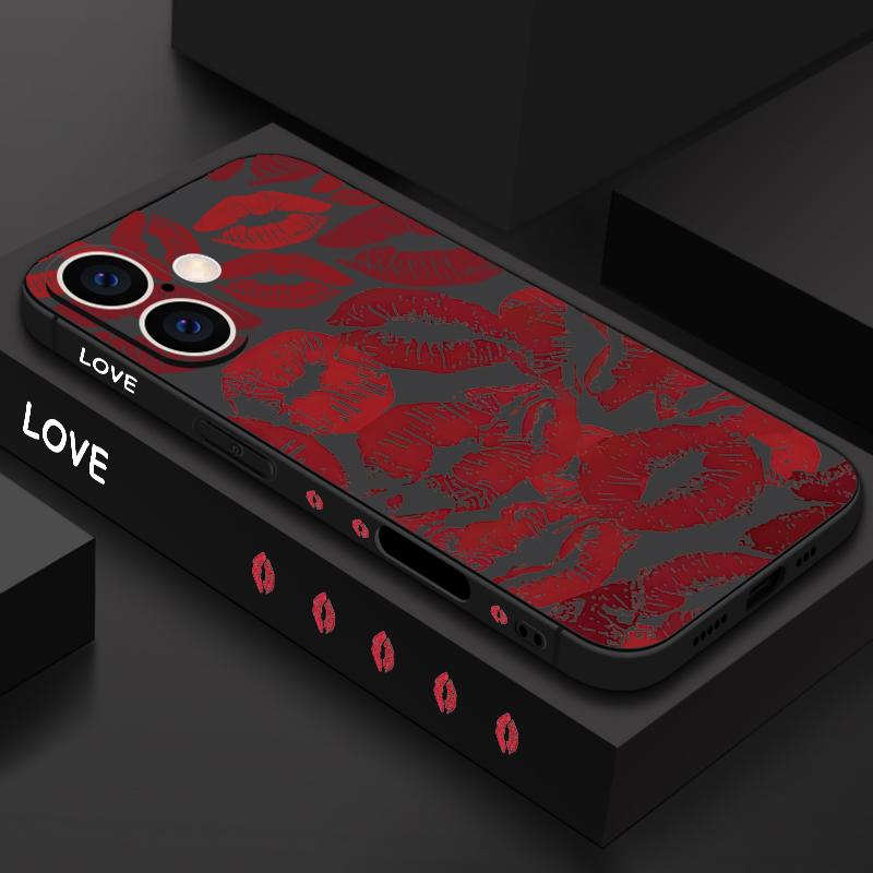 

Мягкий силиконовый тонкий чехол с принтом красных губ для iPhone 16 Pro Max 15 Pro 14 13 12 11 TPU с защитой объектива, противоударным матовым чехлом для телефона iPhone 15 Pro Max чёрный