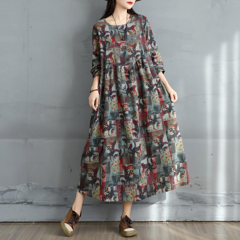 

DIMANAF 2025 Женское Весеннее Длинное Платье Большого Размера Свободное Базовое С Принтом Винтажное Повседневное Цветочное Оверсайз С Длинным Рукавом Макси One Size