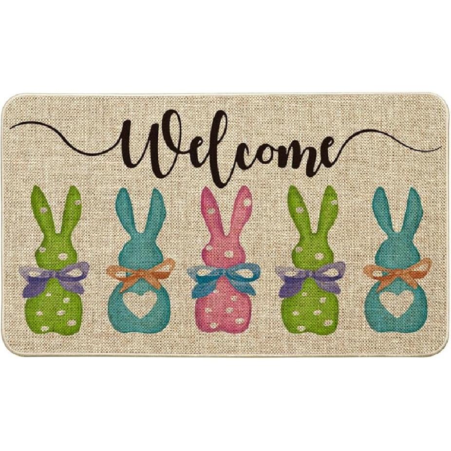 Artoid Mode Holzhase Kaninchen Willkommen Oster Fußmatte, Heimdeko Flaches Schalterteppich Türvorleger Bodenmatte für Innen Außen 17x29 Zoll