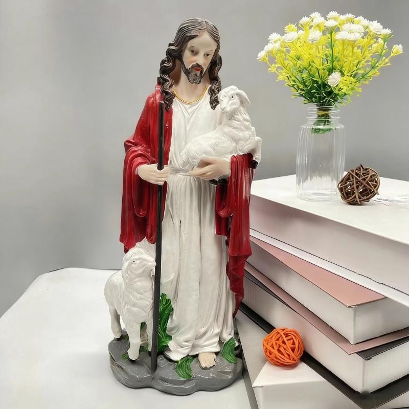 Jesuses Christ Statue with Lamb Hand Painted Good Shepherds Figurine Statue Modern Christian Home Decors Religious Gift