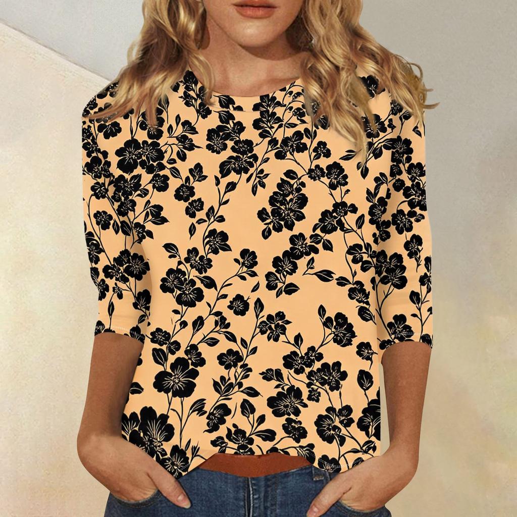 Damen Lässige Blumenprint Rundhals Dreiviertelarm Bluse Leichter Weicher Stoff Bequeme Passform Stilvolles Oberteil für den täglichen Gebrauch