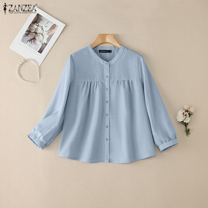 ZANZEA Women Casual Round Neck Solid Color Loose Long Sleeve Blouse
