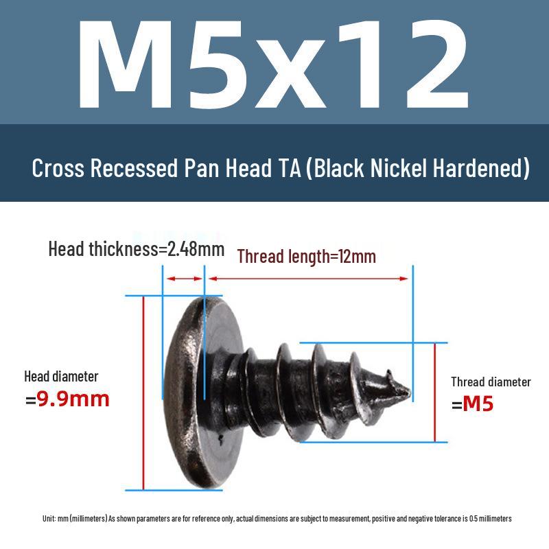 Yigu Black Nickel Hardened Phillips Flat Head Self-Tapping Screws M3-M5, Carbon Steel, Coarse Thread, Pointed Tail