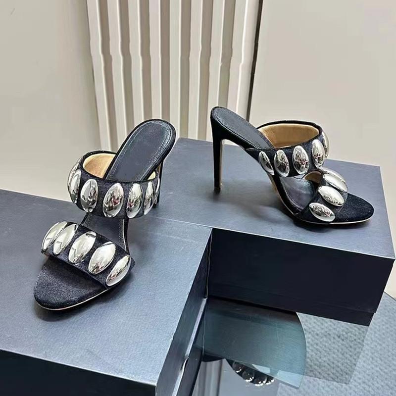 Fashion Star style Luxury Sequined Metal Rivet Decor Women Sandals Slippres Fashion Summer High Heels Mules Slides Female Party Shoes