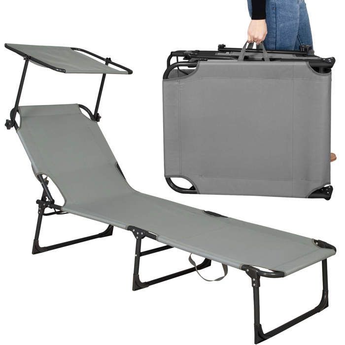 Chaise longue de jardin Fauteuil d'été avec pare-soleil Chaise longue de plage pliante 57 x 188 cm avec poignées de transport