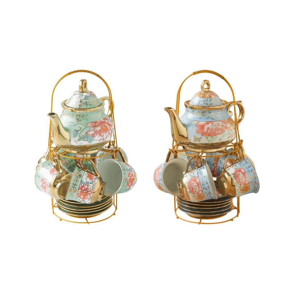 6 Pieces Ceramic Tea Set Cups Saucers Teapot Plates Handmade Floral Pattern Vintage Style Porcelain