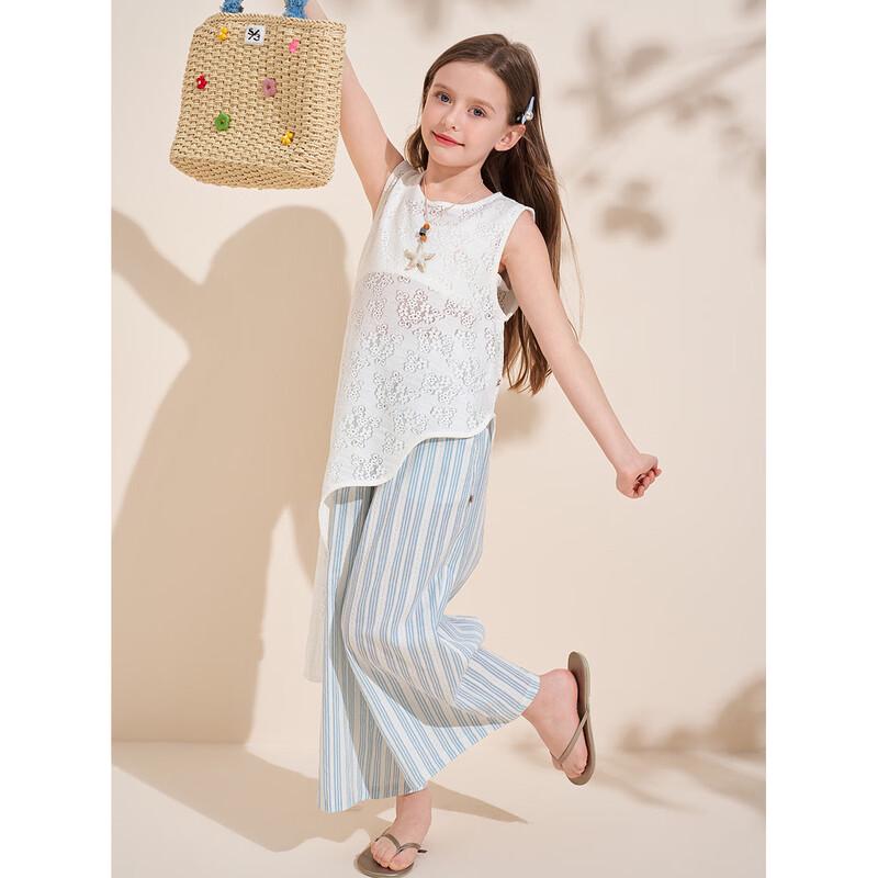 Montagut Girls' Summer Lace Stripe T-shirt & Pants Set