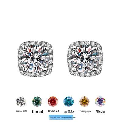 S925 Sterling Silver Moissanite Square Stud Earrings In Green, Red, Champagne, and Sea Blue