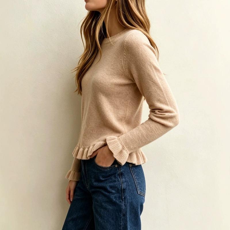 VEZFAA Women's Fashion Casual Fall Winter Solid Color Print Long Sleeve O-Neck Sweaters