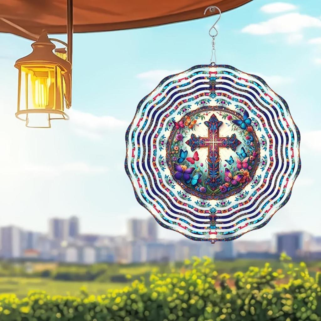 Butterfly Cross Wind Spinner 2D Laser Cut Metal Garden Decor with Floral Design 360 Rotating Hook for Indoor Outdoor Housewarming Gift