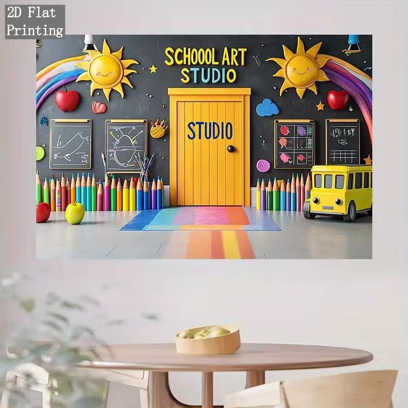 Sfondo a Tema Studio d'Arte Scolastico 2D, Arcobaleno e Sole Sfondo per Photo Booth Bambini