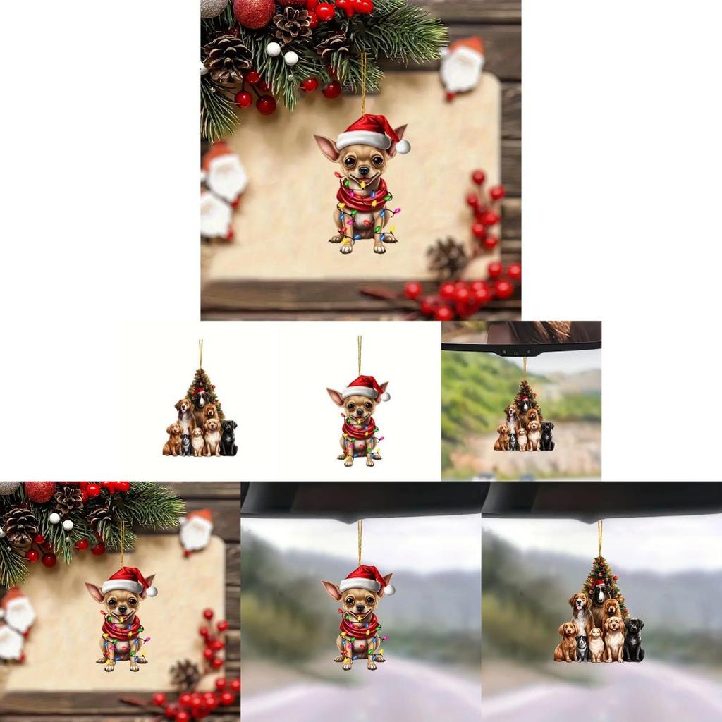 Charming 2d Acrylic Cartoon Christmas Dog Car Ornament For Festive Interior Decoration