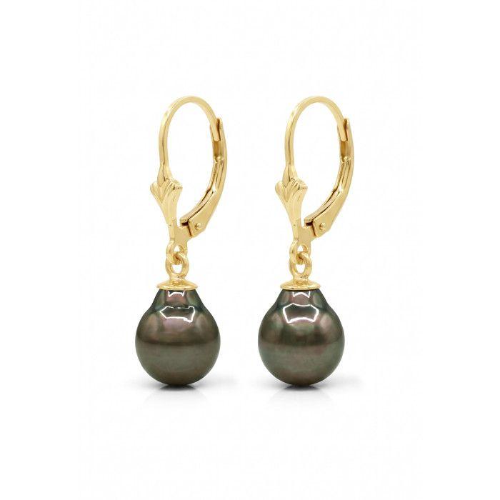 Earrings - Pearls & Colors - Genuine Tahitian Pearls - 8-9 Mm - Yellow Gold 375/1000 - Woman