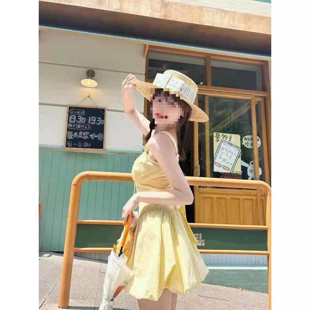 Dopamine Yellow Suspender Dress Female Sweet Small Holiday Wind Polka Dot Bud Skirt Waist Fluffy Skirt Summer