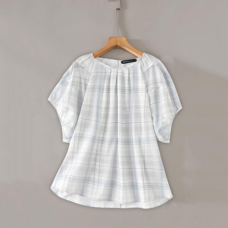 

ZANZEA Женские летние блузки с коротким рукавом в клетку с круглым вырезом и контрастным цветным узором 5XL бежевый