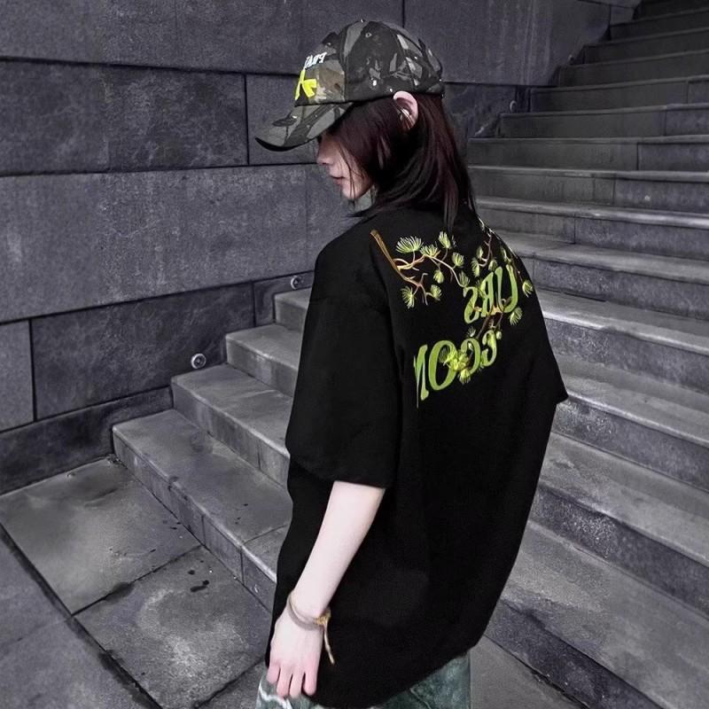 Vintage American Camellia Embroidered T Shirt Women Loose Fit Streetwear Black Short Sleeve Top