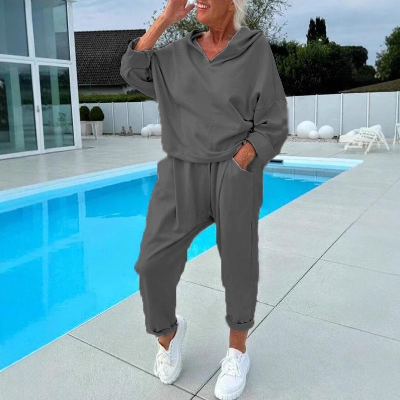 Autumn Women's Solid Color Hooded Sweatshirt Set