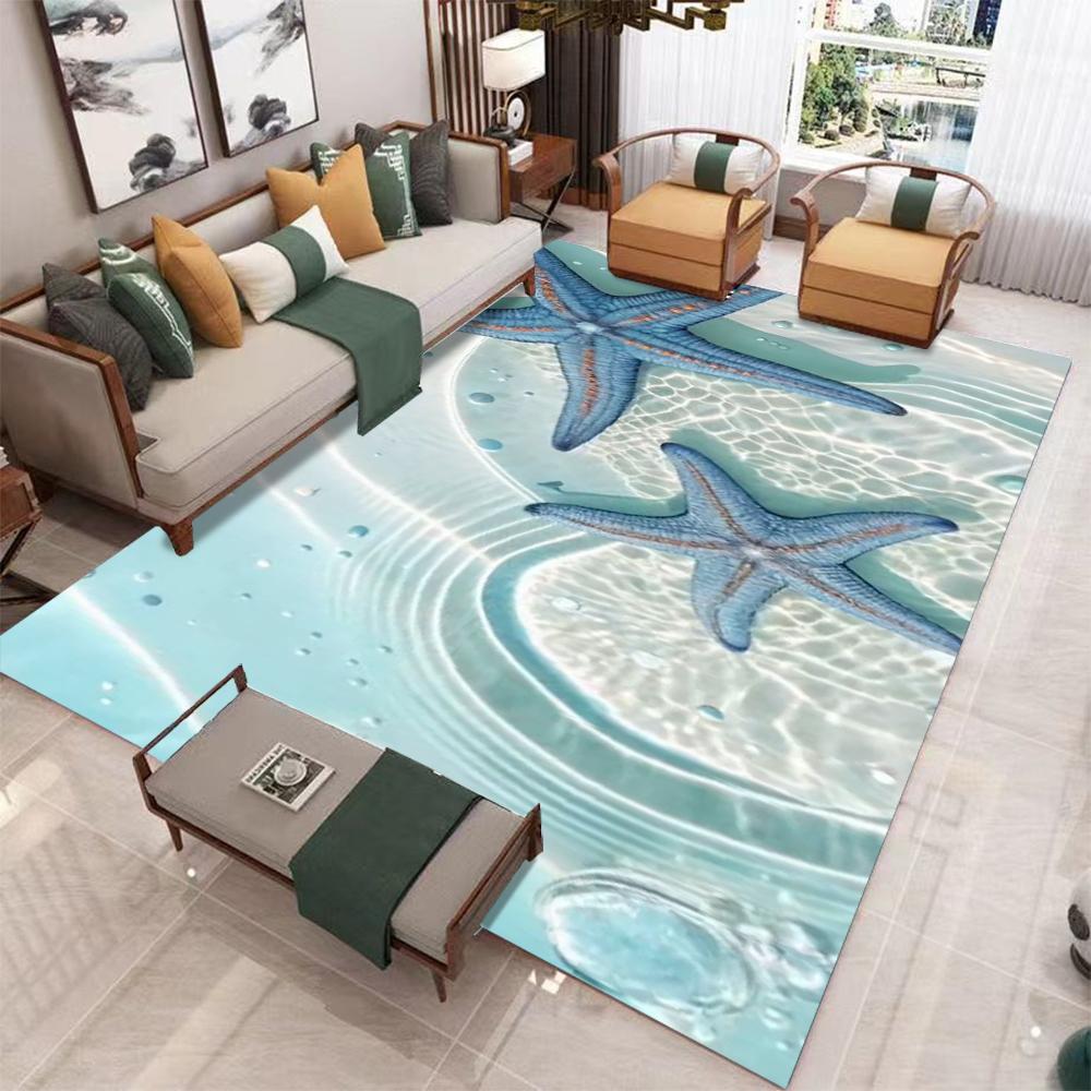 Nautical Coastal Bath Rug Starfish Seashell Coral Beach Ocean Themed Bathroom Kitchen Flannel Non-Slip Mat Indoor Decor Carpet